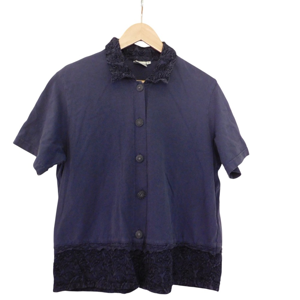 Focus Casual Life Tunic Top Women's Button Down Textured Cotton Size Medium Blue